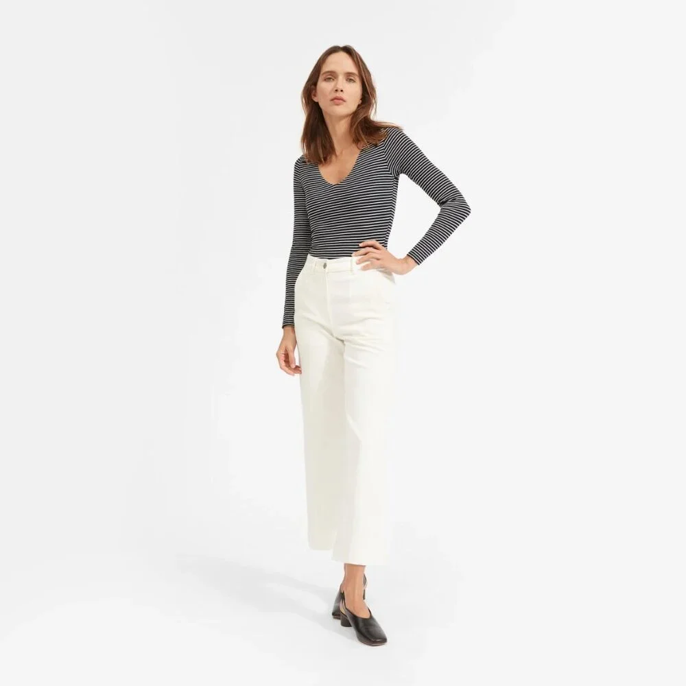 Everlane The Long Sleeve V-Neck Bodysuit in Black/White Stripe - sz XXS